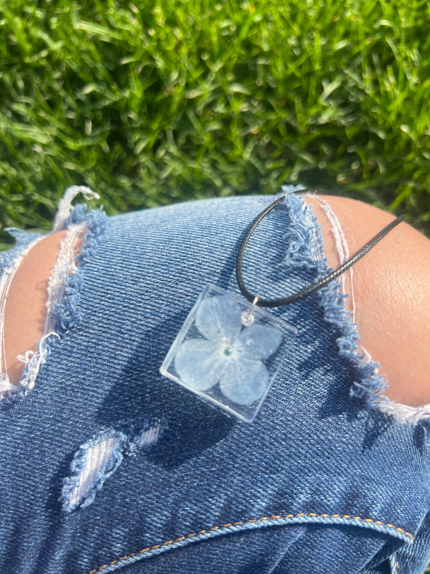 Necklace: Blue Flower Square Pendant
