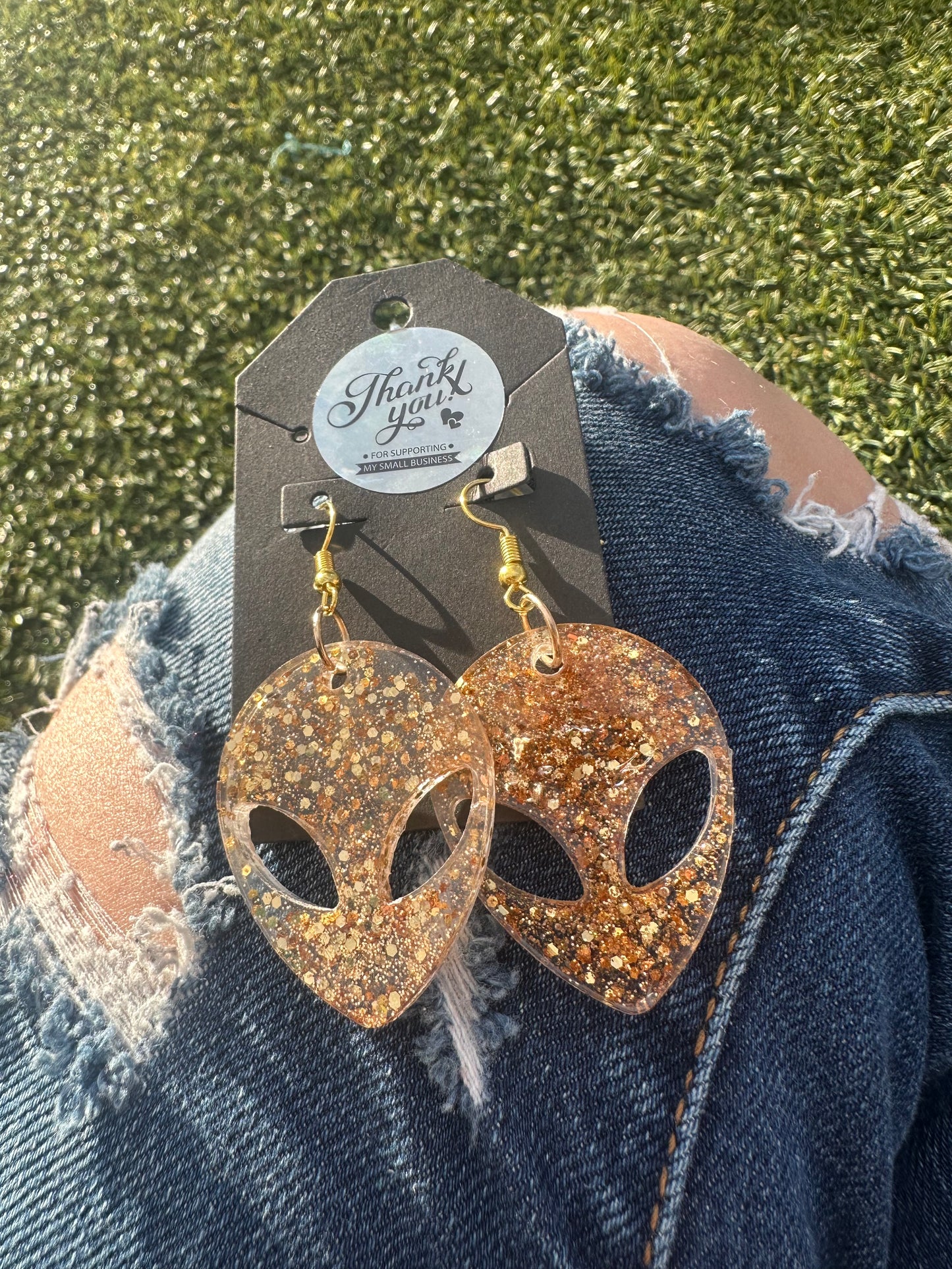Gold Glitter Alien Earrings