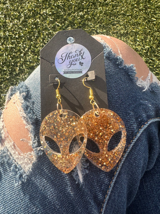 Gold Glitter Alien Earrings